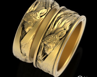 His Hers Gold Rabbit & Bunny Wedding Set, 10K 14K 18K Matching Couples White Gold Wedding Bands, Platinum Hare Bunny Rings, 1796 3179