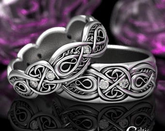 Sterling Silver & Moissanite Trinity Ring Set, Irish Gemstone Knotwork Rings, Elegant Celtic Wedding Rings, Handfasting Band Set, 1411 1642