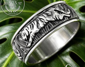 Sterling Men's Tiger Ring, Silver King of the Jungle Wedding Band, Big Cat Ring, Safari Wedding Ring, Tiger Spirit Animal Jewelry, 3118