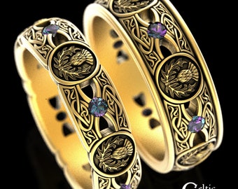 10K Alexandrite Irish Thistle Rings, Gold Scottish Wedding Ring Set, Thistle Matching Wedding Bands, His Hers Alexandrite Rings, 4408 4409