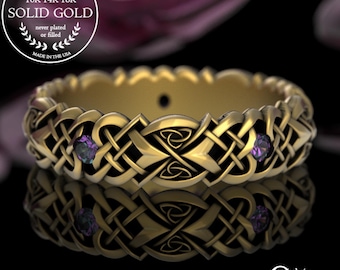Womens 10K Gold & Alexandrite Wedding Ring, Celtic White Gold Wedding Band, Irish 14K White Gold Knotwork Ring, Alexandrite Ring, 4014