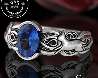 Oval Sapphire Cat Statement Ring, Sterling Irish Kitty Cat Solitaire, Silver Bezel-Set Bridal Ring, Celtic Woman Cat Engagement Ring, 3274