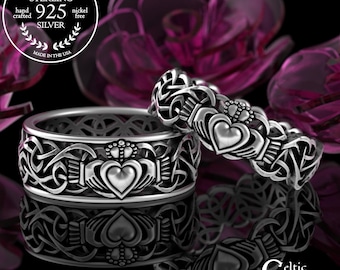 Matching Sterling Claddagh Ring Set, Silver Scottish Bride Groom Wedding Rings, His Hers Traditional Welsh Cladach Wedding Bands, 3236 3237