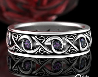 White Gold Alexandrite Wedding Ring, 10K Gold Alexandrite Celtic Ring, Platinum Alexandrite Wedding Band, 10K White Gold Celtic Ring, 1410