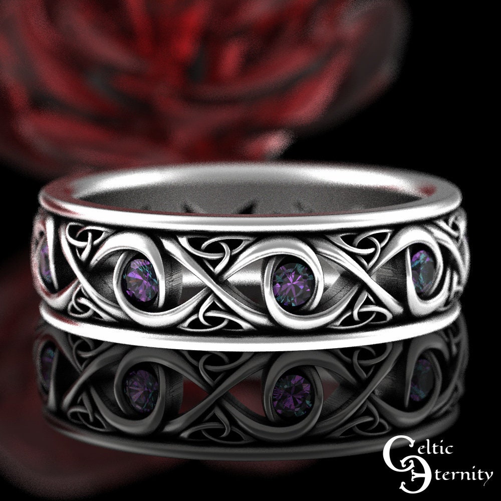 White Gold Alexandrite Wedding Ring 10K Gold Alexandrite Celtic