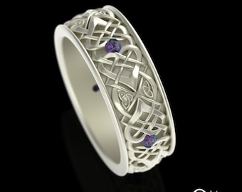 10K White Gold Alexandrite Mens Wedding Ring, 14K White Gold Celtic Alexandrite Wedding Band, Mens Irish 18K White Gold Wedding Ring, 4015