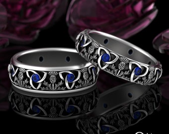 His Hers Sapphire Thistle Rings, Sterling Sapphire Scottish Thistle Ring Set, Irish His Hers Wedding Bands, Celtic Handfasting, 4814 4813