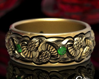 Emerald Thistle Ring, Gold/Platinum Scottish Wedding Ring, Wide Men Ring, Celtic Thistle Ring, Celtic Wedding Ring, Gold Wedding Ring, 1472