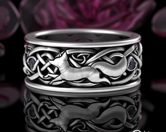 Sterling Silver & Alexandrite Faoladh Ring, Sterling Fox Wedding Ring,  Celtic Path Finder Ring, Sterling Kitsune Ring, Reynard Band, 3198