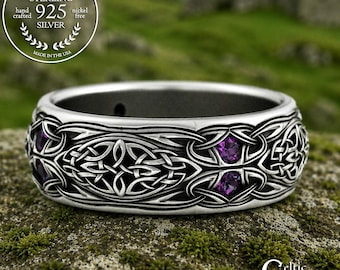 Alexandrite Knotwork Ring, Sterling Mens Alexandrite Wedding Band, Silver Mens Celtic Wedding Band, Scottish Mens Alexandrite Ring, 1804