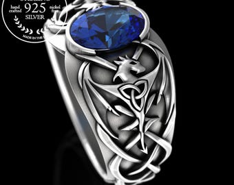 Sterling Silver & Sapphire Dragon Ring, Celtic Gemstone Draconid Ring, Heavy Irish Drake Ring, Mens Nordic Wyrm Wedding Ring,  3116