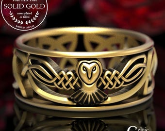 Gold Owl Ring, Celtic Owl Ring, Gold Celtic Wedding Band, Celtic Wedding Ring, Barn Owl Ring, Platinum Wedding Ring, Unique Celtic Ring 1016