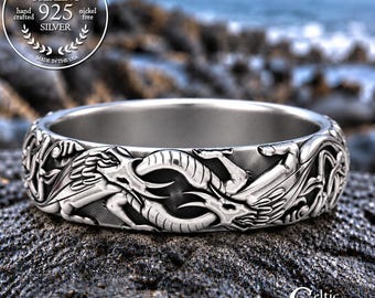 Norse Dragons Ring, Sterling Celtic Dragon Wedding Band, Women's Wyvern Marriage Ring, Medieval Dragon Ring, Silver Viking Dragon Ring, 1803
