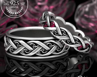 Ruby & Sterling Silver Celtic Wedding Band Set, His Hers Modern Matching Handfasting Rings, Irish Eternity Weave Infinity Ring, 1418 1419