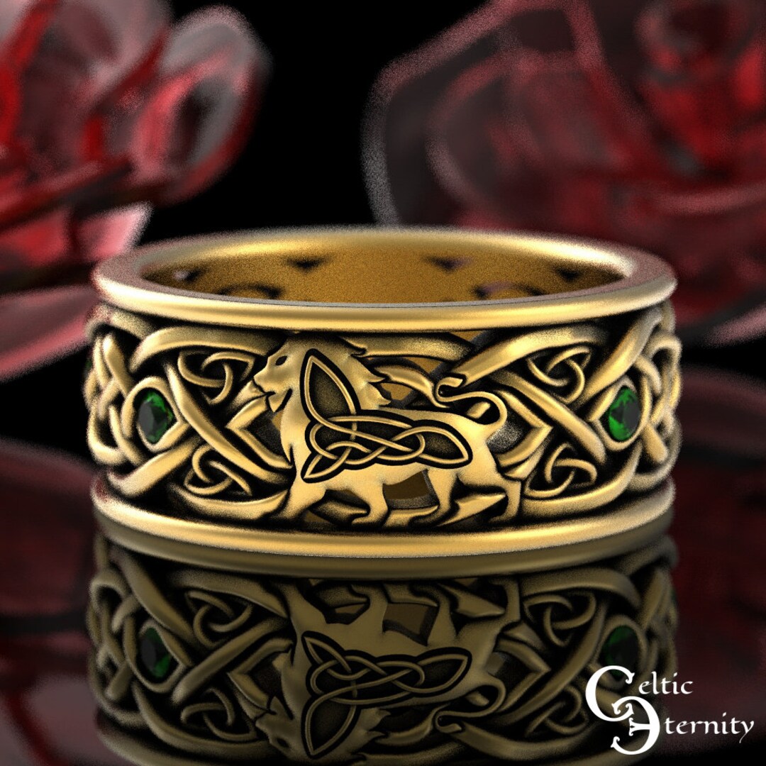 Emerald Gold Lion Ring, 10K 14K Gold Lion Wedding Ring, Gold Celtic