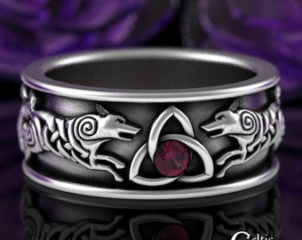 Scottish Ruby Wolf Ring, Sterling Silver Mens Irish Wedding Band, Ruby Celtic Ring, Ruby Viking Ring, Norse Wolf Ring, Nordic Knotwork, 3103