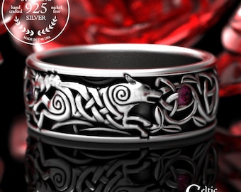 Ruby Wolf Warrior Wedding Band, Sterling Knotted Vines & Nordic Wolf Ring, Groom's Scottish Gray Wolf Ring, Silver Wolfhound Ring, 2046
