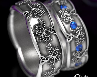 Tree of Life Ring Set, Sterling & Sapphire, Tree Wedding Bands, Celtic Tree Ring Set, His Hers Celtic Rings, Yggdrasil Ring, 1363 1365