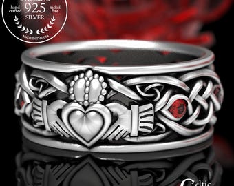 Mens Sterling Silver Celtic Claddagh Ring with Ruby, Modern Claddagh Wedding Ring, Red Trinity Knot Silver Heart Ring, Irish Love Ring 1688