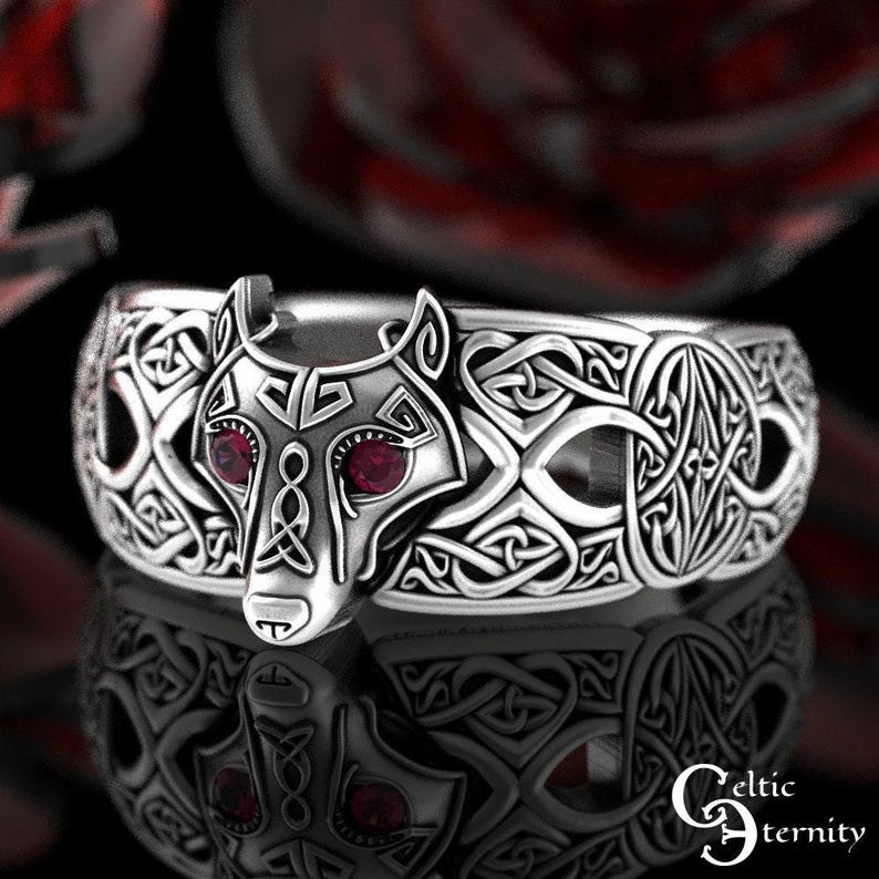 Ruby Celtic Wolf Ring, Ruby Wolf Ring, Sterling Wolf Ring, Wolf Wedding Ring, Ruby Viking Ring, Viking Wolf Ring, Mens Wolf Ring, 1744 image 8