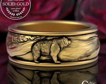 Men's Gold Papa Bear Wedding Band, Platinum Bear Spirit Animal Jewelry, 18K Mountain Black Bear Ring, Groom Grizzly Bear Life Partner, 3292