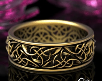 Gold Celtic Wedding Band, Mens Celtic Heart Wedding Ring, Gold Knotwork Ring, Irish Wedding Band, Unique Wedding Ring, Modern Mans Ring 66