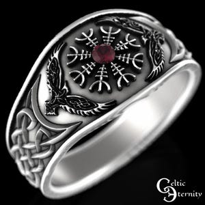 Roer van ontzag ring, robijn en sterlingzilver, vikingring zilver, robijn herenring, vikingring, raafring, Vikingtrouwring, robijn raafring, 3019