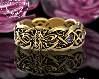 Gold Alexandrite Honey Bee Ring, 10K Bumble Bee Ring, Gold Honeybee Ring, Queen Bee Ring, 14K Celtic Bee Ring, Womens Bee Wedding Ring, 3086