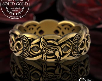 Gold Howling Wolf Moon Ring, 14K White Gold Magic Ring, Divine Wolf Goddess, Crescent Moon Wedding Band, Magical Star Wiccan Jewelry, 3276