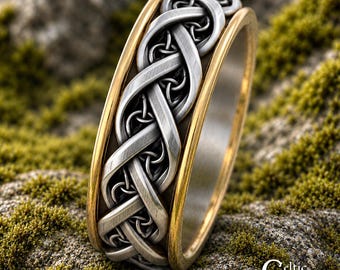 Celtic Trinity Knot 2tone Wedding Band, Groom Sterling & 10K Gold Scottish Wedding Ring, Simple Mans BiColor Irish Woven Knotwork Ring, 4034