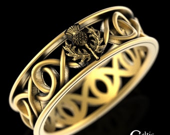 Gold Thistle Wedding Band, Mens Gold Thistle Ring, Scottish Thistle Wedding Ring, 10K Scottish Thistle Ring, 14K Celtic Thistle Ring, 1763