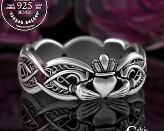 Ruby Irish Bridal Claddagh Ring, Sterling Handfasting Ring, Sapphire Amethyst Celtic Women's Wedding Band, Silver Scottish Crown Ring, 3239