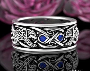 Norse Bear Ring, Sapphire & Sterling Mens Celtic Knotwork Wedding Band, Silver Welsh Bear Ring, Viking Bear Ring, Sapphire Irish Ring, 3095