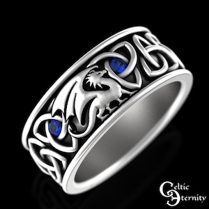 Men's Celtic Dragon Ring - Stainless Steel Wedding Band With Black/Blue Inlay, Size 6-13