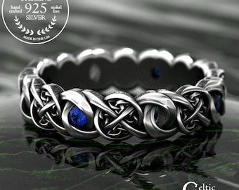 4 Trinity Knot Wedding Ring, Sapphire Emerald Amethyst Celtic Anniversary Wedding Band, Family of Four Symbolism, Silver Irish Knotwork,1987