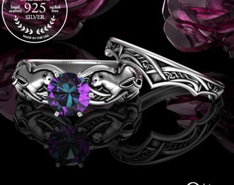 River Otter Bridal Engagement Ring Set with Alexandrite, Sterling Stacking Water Weasel Wedding Band Set, Otterkin Chevron Ring, 3060 1971