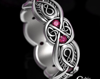 Sterling Infinity Ring, Ruby Celtic Wedding Ring, Eternity Wedding Band, Irish Love Knot Ring, Love Knot Wedding Ring, Silver Ruby Knot 1411