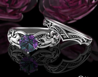 Alexandrite Fox Bridal Set, Sterling Silver Celtic Fox Engagement Wedding Set, Foxes Solitaire Ring, Matching Scottish Ring Set, 3071 1971