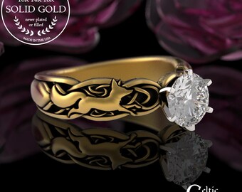 Bridal Foxes & Moissanite Gold Solitaire Ring, 10K 14K White Gold Women's Fox Engagement Ring, Platinum Welsh Irish Celtic Elegant Ring,3234