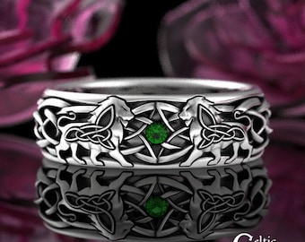 Sterling Scottish Men's Lion Wedding Ring, Celtic Silver Emerald Sapphire Ruby Lions Wedding Band, Grooms King of the Jungle Ring, 3047