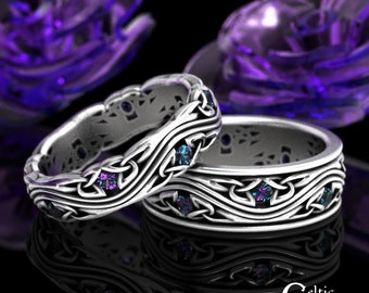 Alexandrite Celtic Wedding Band Set, Sterling Matching Wedding Rings, Alexandrite Wedding Rings, His Hers Celtic Wedding Rings, 1463 1462