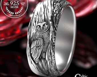 Sterling Barn Owl Ring, Silver Owl Wedding Ring, Hoot Owl Ring, Tree Bark Ring, Night Owl Jewelry, Women's Owl Ring, Owl Spirit Animal, 2028