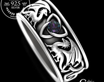 Alexandrite Dragon Ring, Celtic Dragon Wedding Band, Sterling Mens Dragon Ring, Silver Irish Dragon Ring, Dragon Wedding Ring, 3052