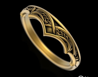 Gold or Platinum Accent Wedding Band, 10K 14K Stacker Wedding Ring, White Gold Chevron Style Bridal Ring, Fitted Gold Celtic Ring, 1971