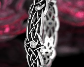 Celtic Knot Wedding Band Moissanites, Dris-Muine Infinity Knot Ring, Unique Silver Wedding Ring, Eternity Knot Ring Irish Wedding Band 1416