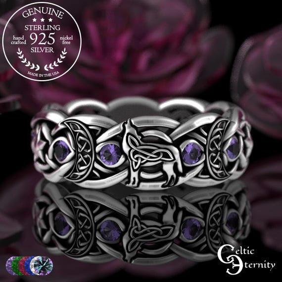 Sterling Witchy Wolf Ring, Sapphire Howling Wolf Magic Ring, Moon