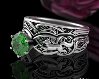 Stacking Emerald Celtic Fox Engagement & Wedding Ring Set, Sterling Irish Matching Womens Wedding Set, Silver Foxes Bridal Rings, 3071 1971