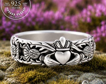 Sterling Thistle Claddagh Ring, Womens Silver Scottish Claddagh, Bridal Scotland Design, Thistle Handfasting, Scottish Highlands Ring, 3243
