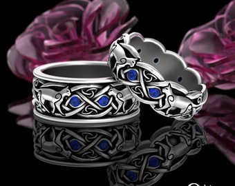 Sapphire Matching Cat Rings Set, Sterling Silver Kitty Wedding Band Set, Celtic Cat Lover Rings, Irish Kitten Wedding Jewelry, 3097 3099