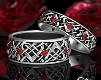 His & Hers Celtic Wedding Rings, Sterling Silver Wedding Band Set, Matching Celtic Rings, Silver Wedding Bands with Rubies, 1457 + 1459